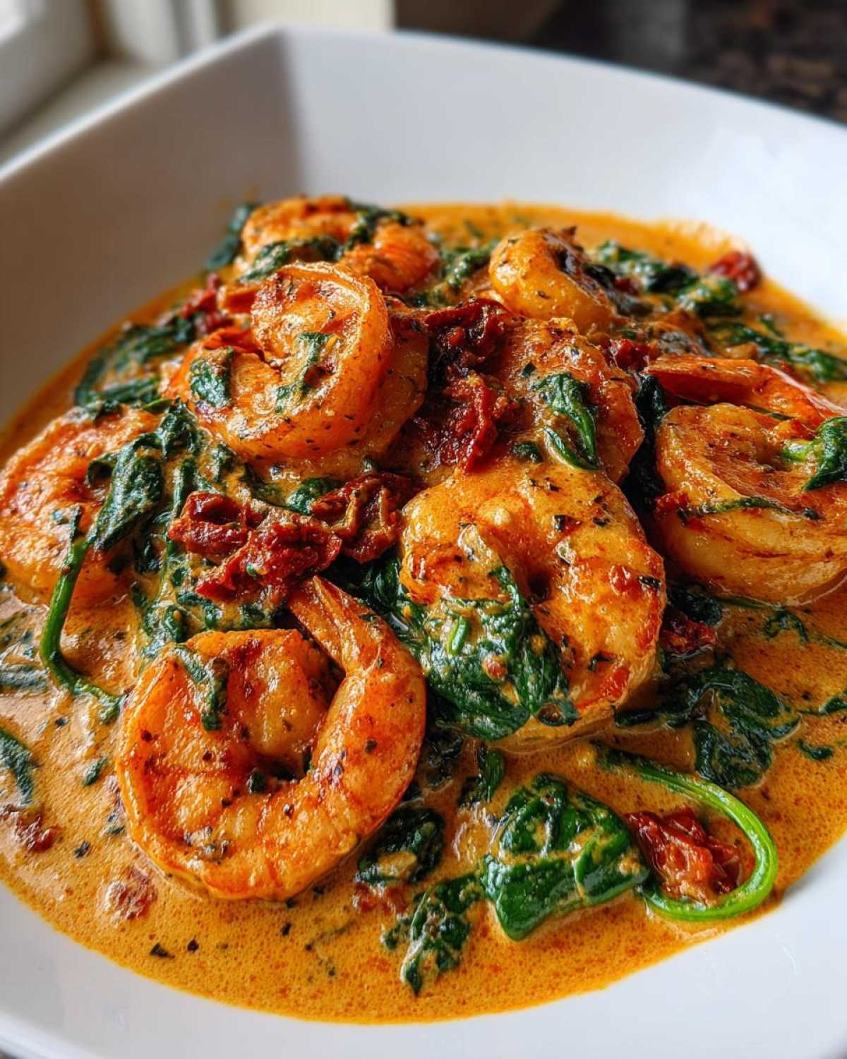 Plump shrimp coated in a creamy, orange sauce with spinach and sun-dried tomatoes in the One-Pan Creamy Sun-Dried Tomato Shrimp dish.