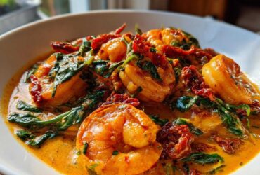 Plump shrimp coated in a rich, creamy sauce with spinach and sun-dried tomatoes in the One-Pan Creamy Sun-Dried Tomato Shrimp dish.
