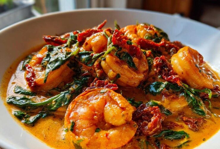 Plump shrimp coated in a rich, creamy sauce with spinach and sun-dried tomatoes in the One-Pan Creamy Sun-Dried Tomato Shrimp dish.