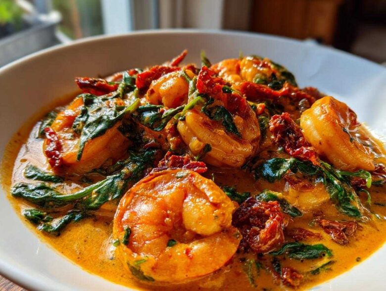 Plump shrimp coated in a rich, creamy sauce with spinach and sun-dried tomatoes in the One-Pan Creamy Sun-Dried Tomato Shrimp dish.