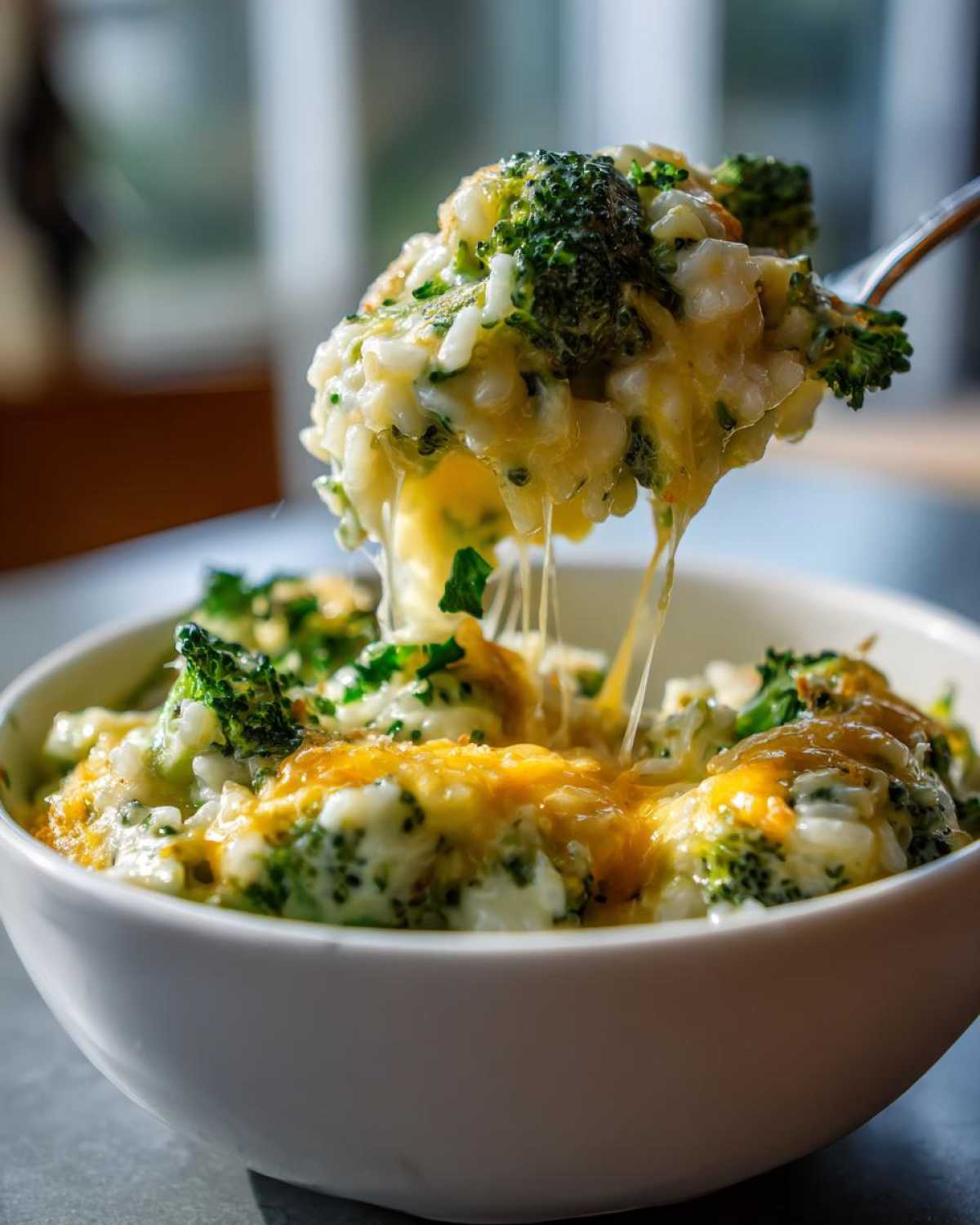 A spoonful of One-Pot Creamy Broccoli Cheddar Rice showing melted cheese strings being pulled from the bowl.