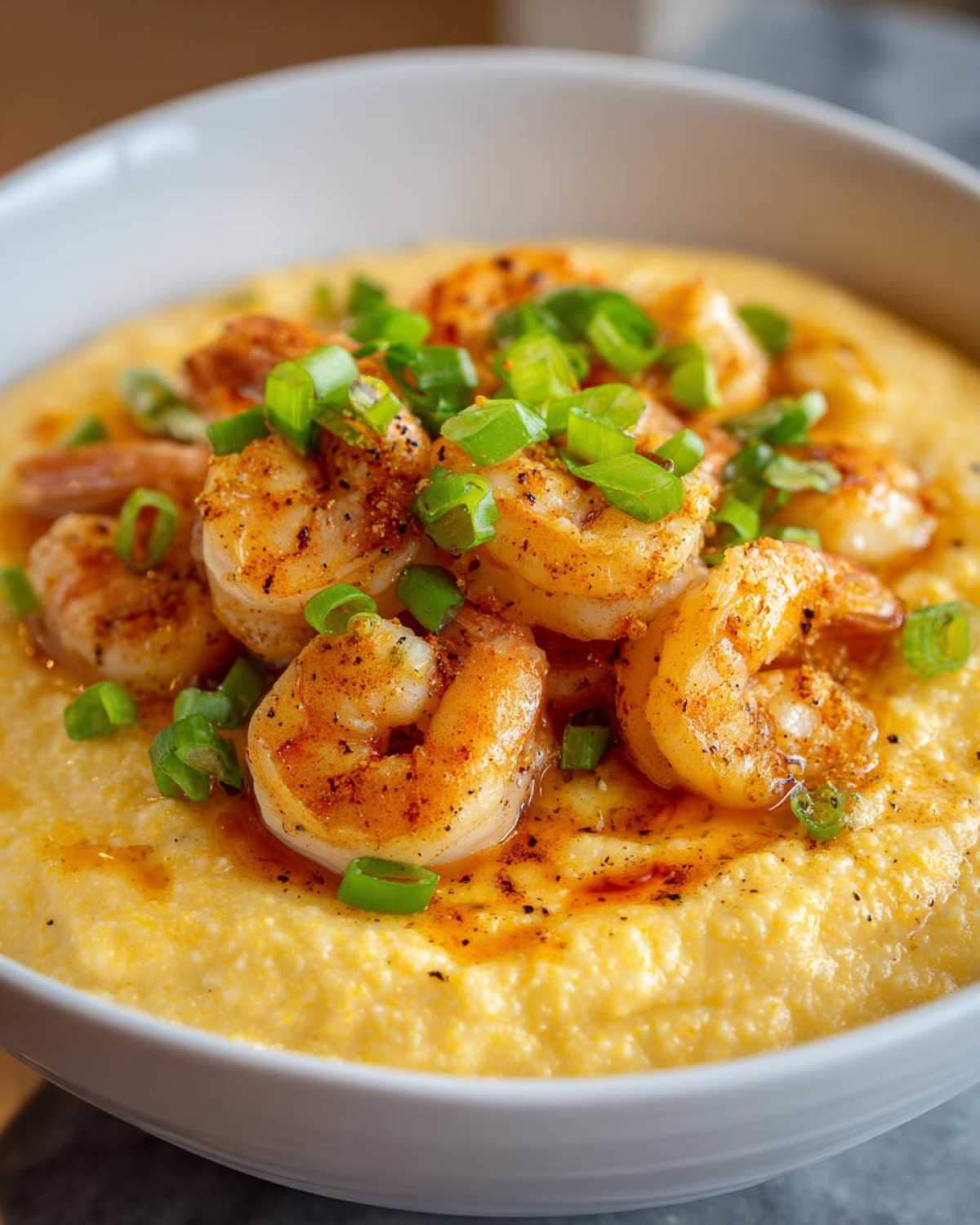 Close-up of a bowl filled with creamy One-Pot Creamy Cajun Shrimp and Grits, topped with seasoned shrimp and green onions.
