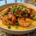 A close-up of One-Pot Creamy Cajun Shrimp and Grits topped with fresh green onions.