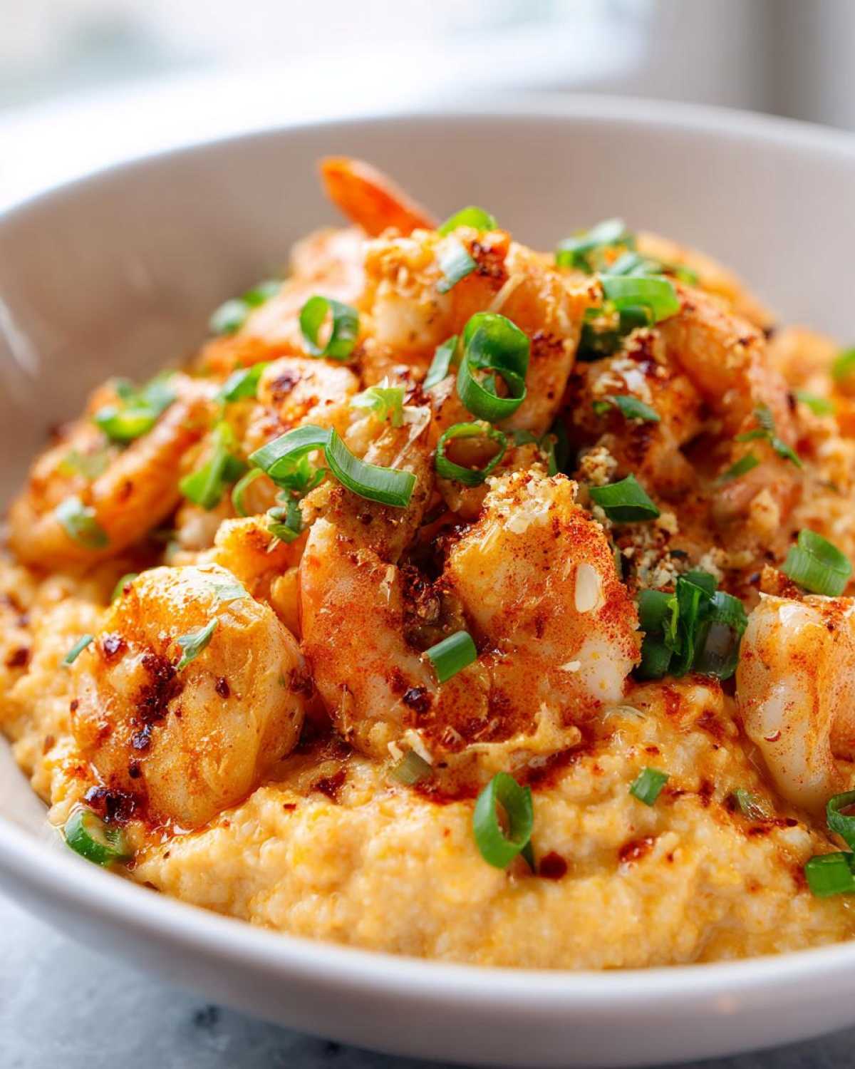 Close-up of a white bowl filled with One-Pot Creamy Cajun Shrimp and Grits, topped with green onions.