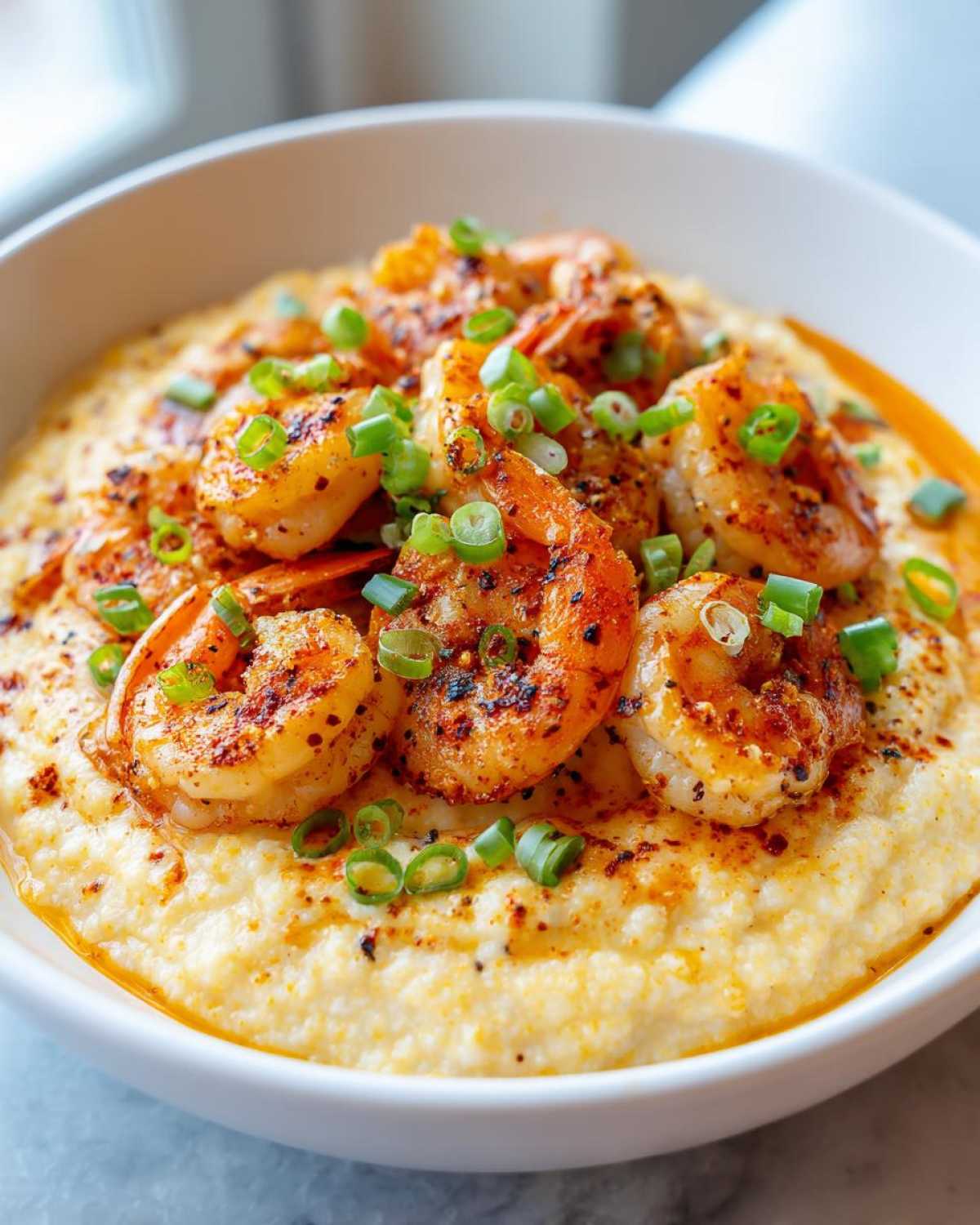 A close-up of creamy One-Pot Creamy Cajun Shrimp and Grits topped with seasoned shrimp and green onions.