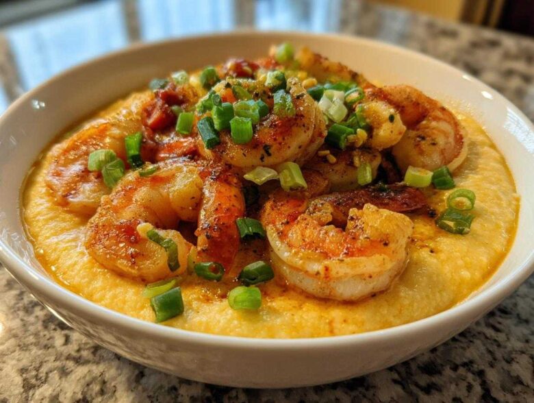 A close-up of One-Pot Creamy Cajun Shrimp and Grits topped with fresh green onions.