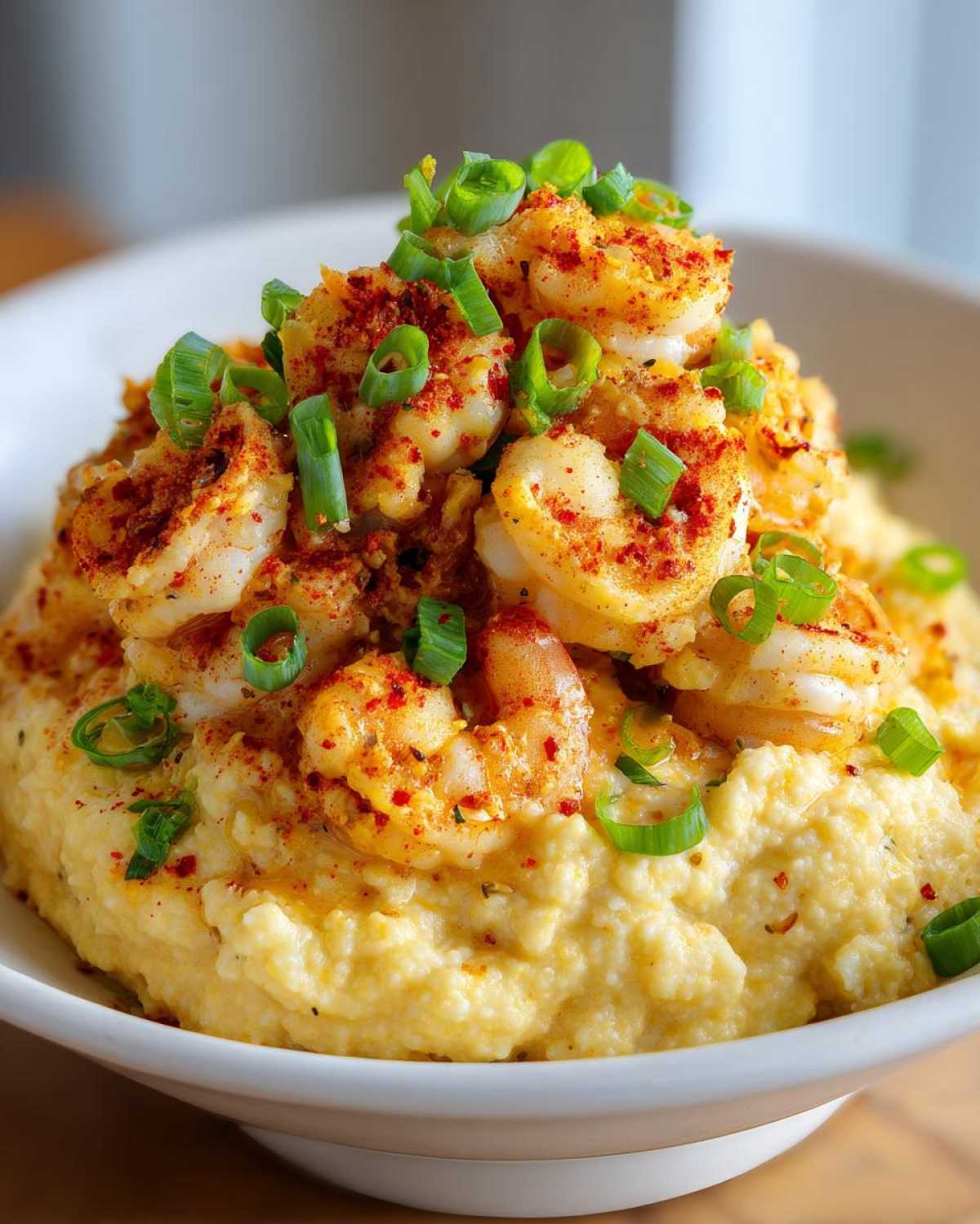 A close-up of creamy One-Pot Creamy Cajun Shrimp and Grits topped with seasoned shrimp and sliced green onions.