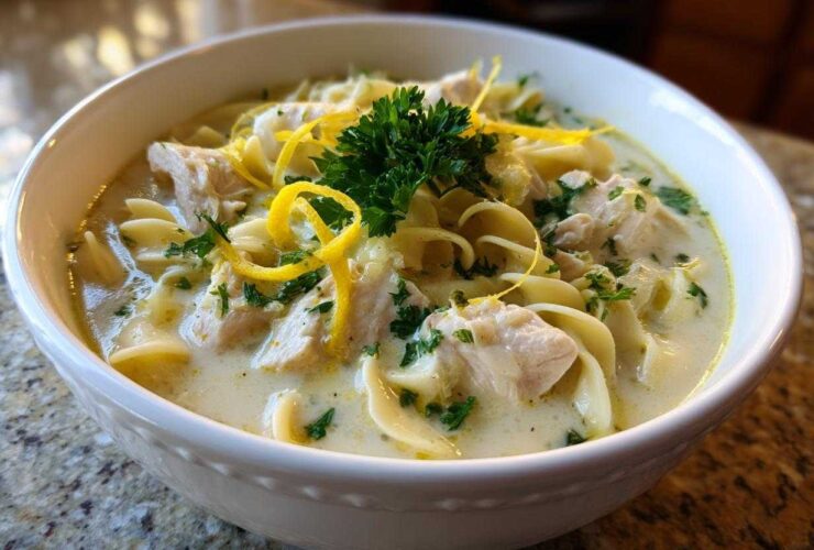 Close-up of a bowl of One-Pot Creamy Lemon Chicken Noodle Soup topped with lemon zest and parsley.