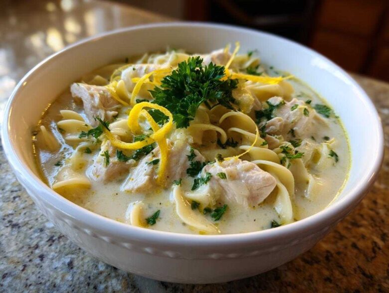 Close-up of a bowl of One-Pot Creamy Lemon Chicken Noodle Soup topped with lemon zest and parsley.