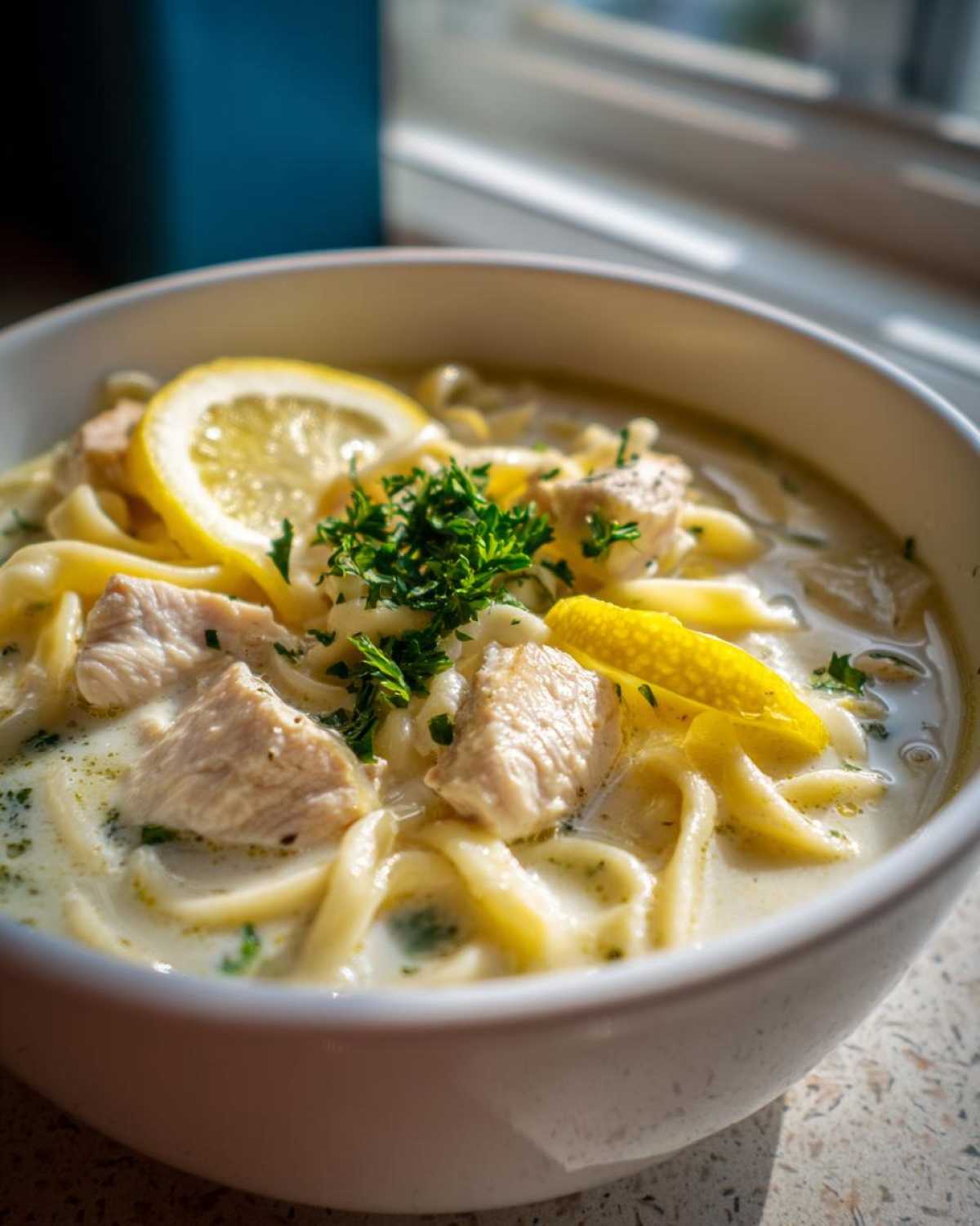 Close-up of a white bowl filled with One-Pot Creamy Lemon Chicken Noodle Soup, garnished with lemon slices and parsley.