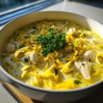 A close-up of a bowl of One-Pot Creamy Lemon Chicken Noodle Soup, topped with lemon zest and parsley.
