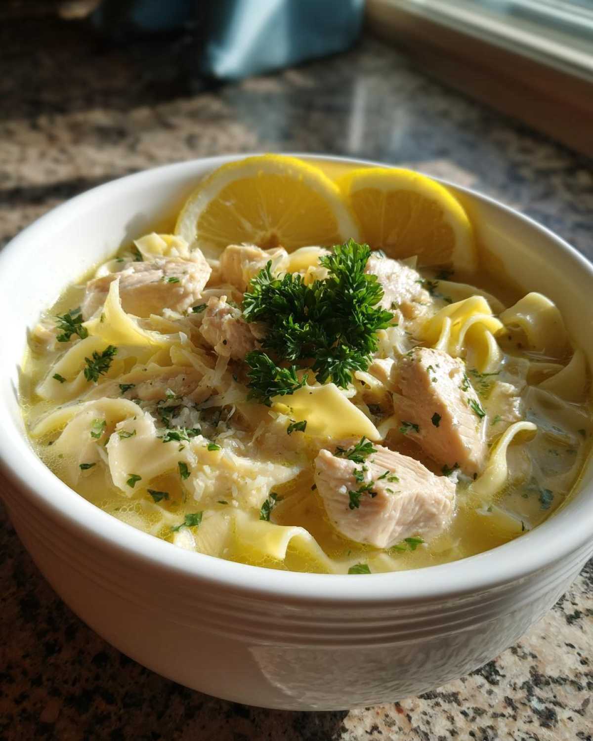 A close-up of a bowl of One-Pot Creamy Lemon Chicken Noodle Soup garnished with lemon slices and parsley.
