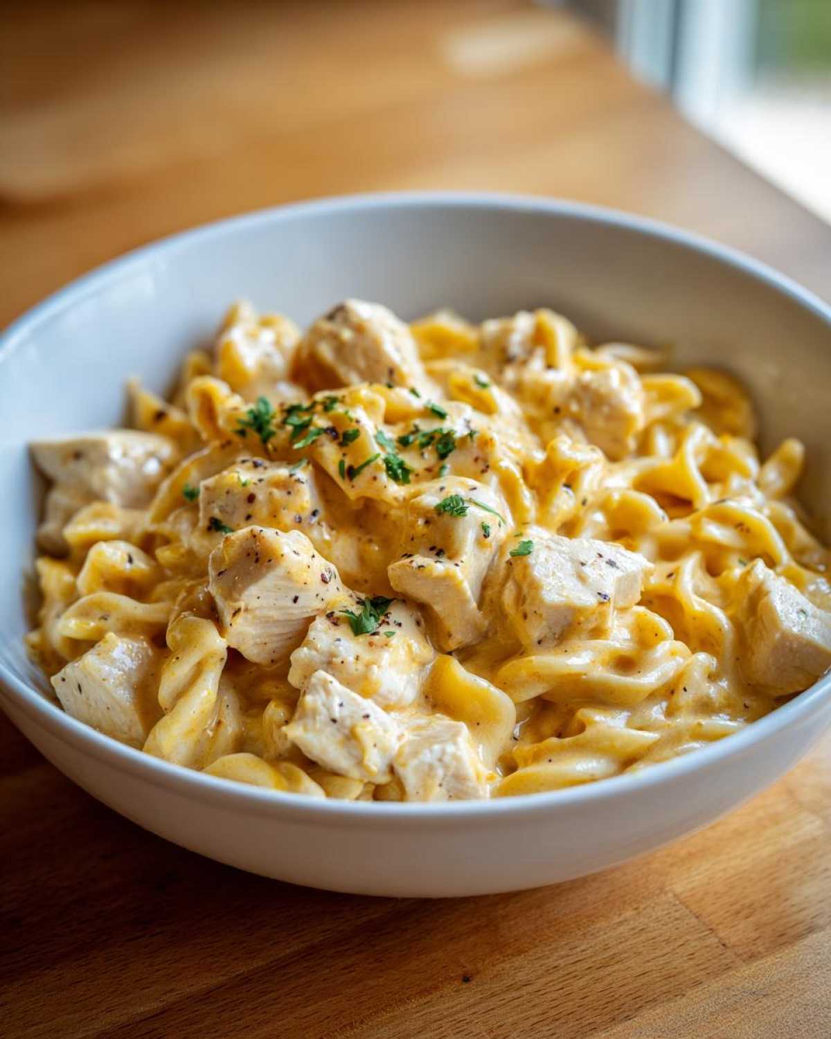 Close-up of One-Pot Creamy Lemon Pepper Chicken Pasta with chunks of chicken and parsley garnish.