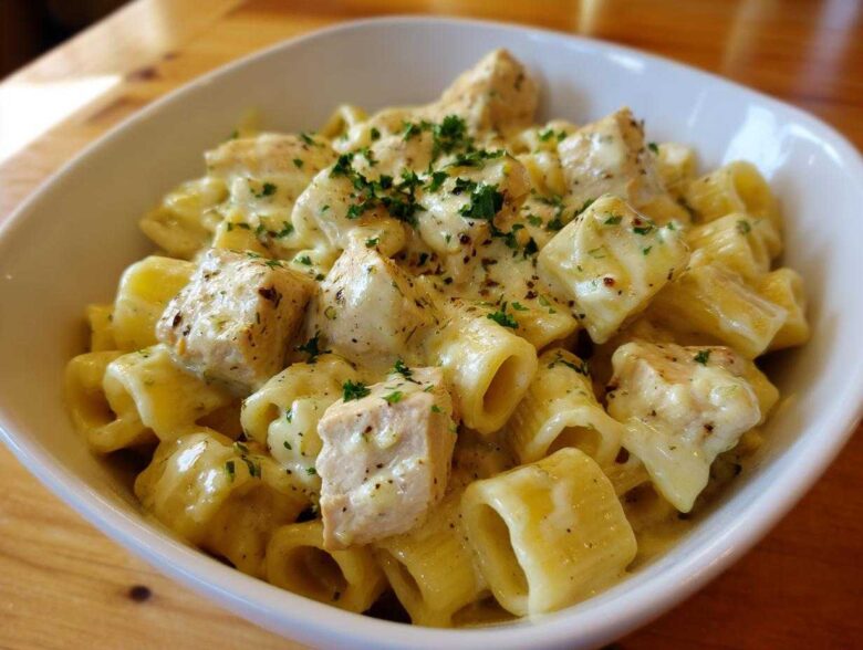 A close-up of One-Pot Creamy Lemon Pepper Chicken Pasta served in a white bowl, topped with parsley.