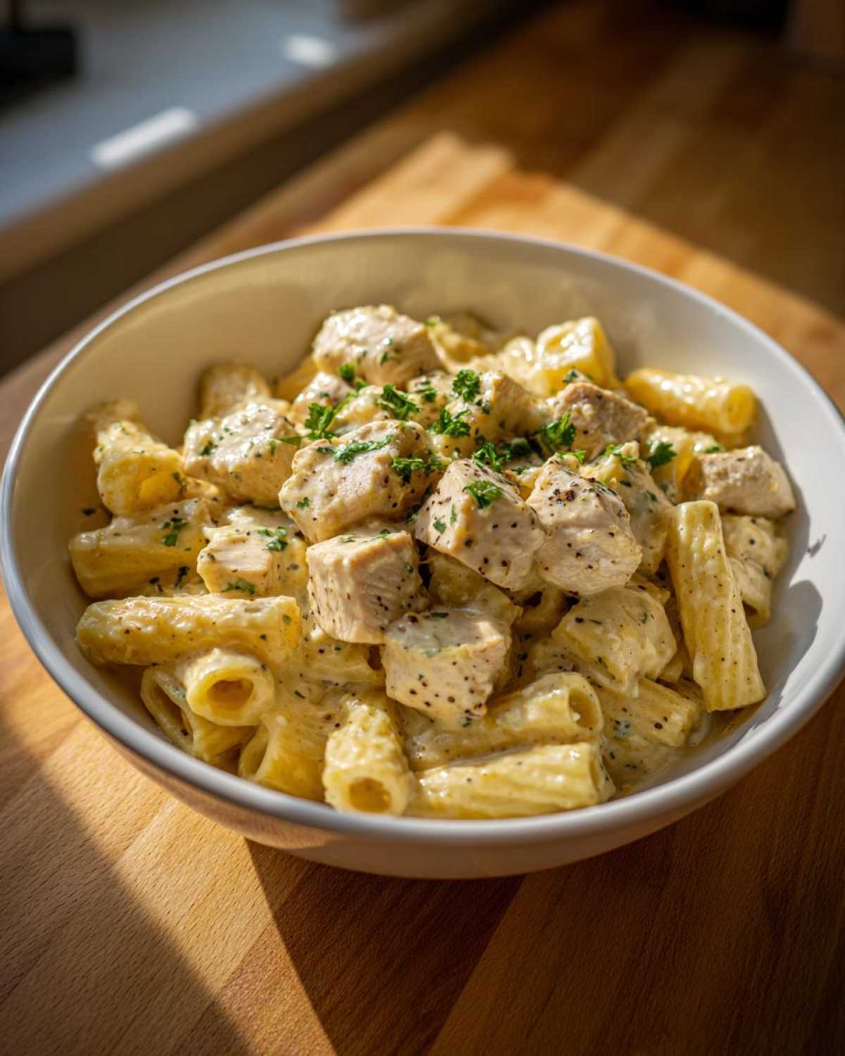 A white bowl filled with One-Pot Creamy Lemon Pepper Chicken Pasta, topped with parsley.