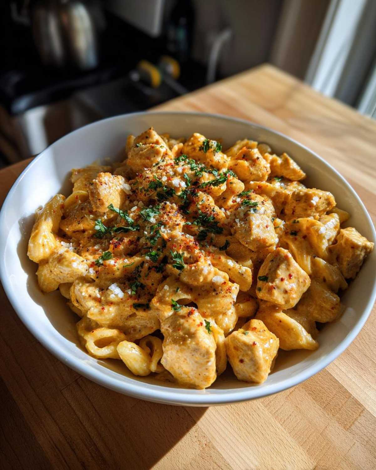 A white bowl filled with One-Pot Creamy Lemon Pepper Chicken Pasta, topped with parsley and spices.