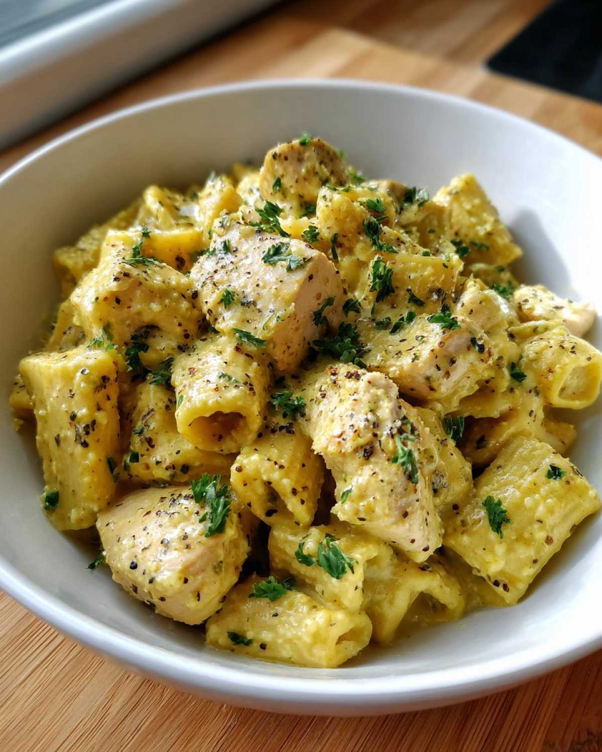 Close-up of a white bowl filled with One-Pot Creamy Lemon Pepper Chicken Pasta, garnished with parsley.