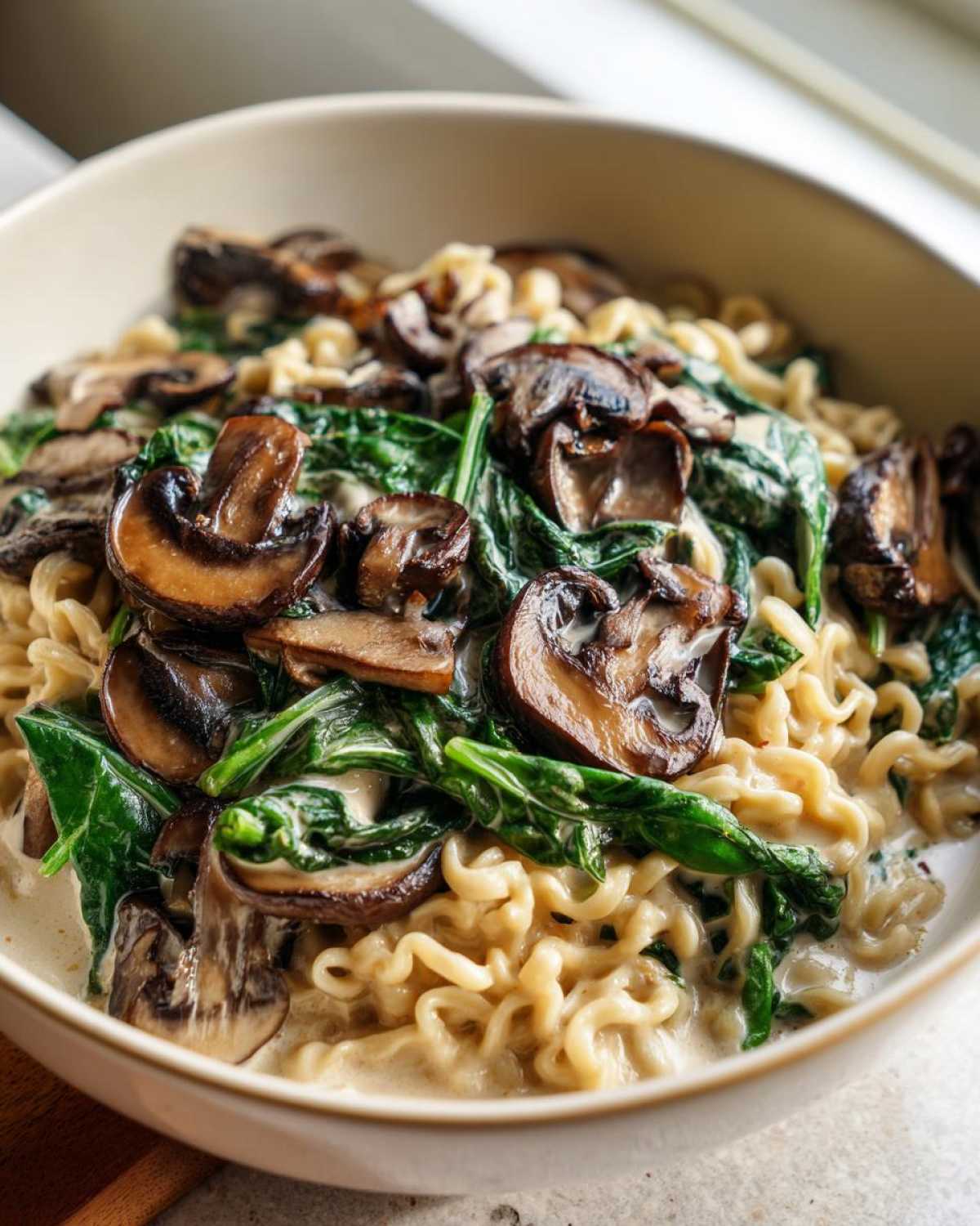 A close-up bowl of One-Pot Creamy Mushroom Spinach Ramen featuring wavy noodles, sautéed mushrooms, and wilted spinach in a creamy sauce.
