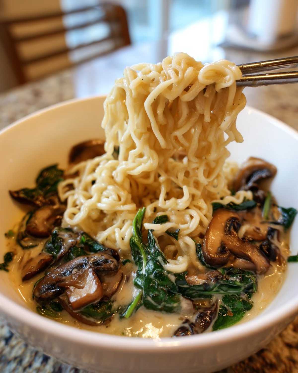 Chopsticks lifting a large tangle of creamy noodles from a bowl of One-Pot Creamy Mushroom Spinach Ramen.