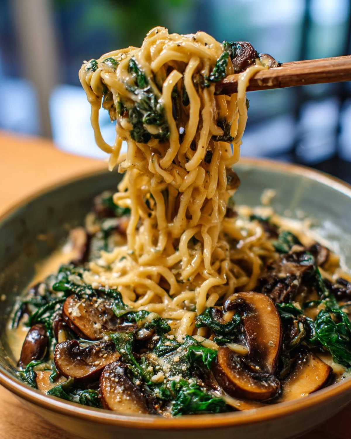 Chopsticks lifting noodles from a bowl of One-Pot Creamy Mushroom Spinach Ramen with sautéed mushrooms and spinach.