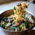 A fork lifts a creamy tangle of noodles, mushrooms, and spinach from a skillet of One-Pot Creamy Mushroom Spinach Ramen.