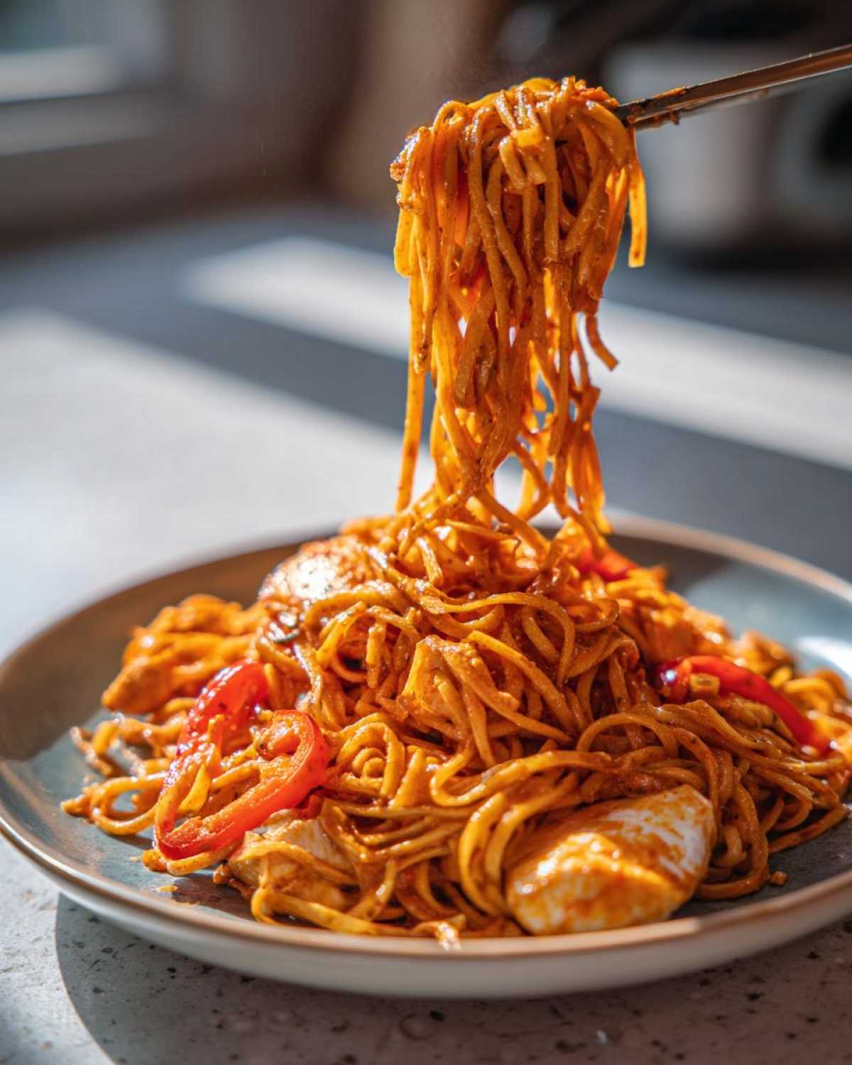 Close-up of One-Pot Creamy Thai Red Curry Noodles being lifted high with chopsticks from a blue plate.