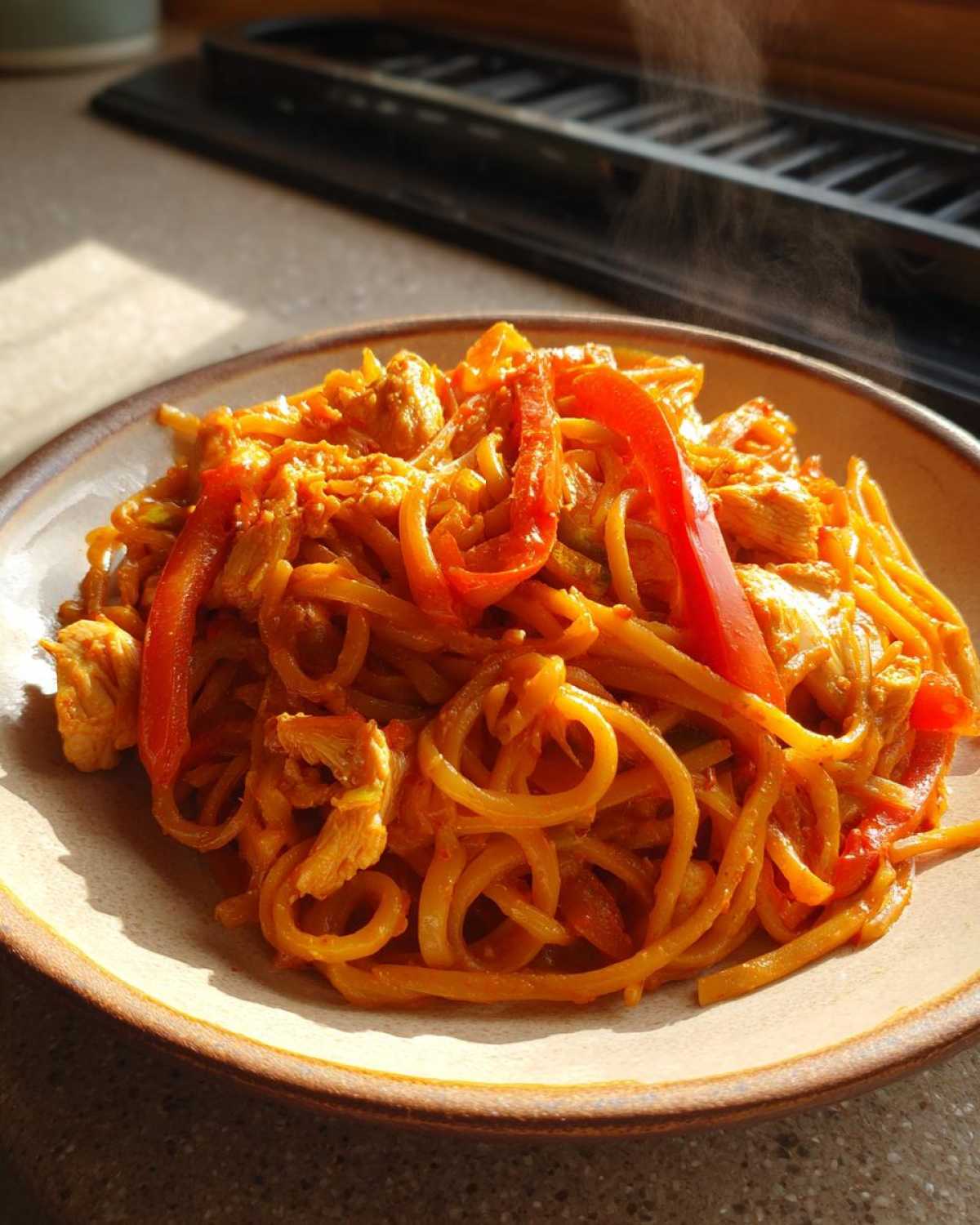 A close-up of steaming One-Pot Creamy Thai Red Curry Noodles with chicken and bright red bell peppers.