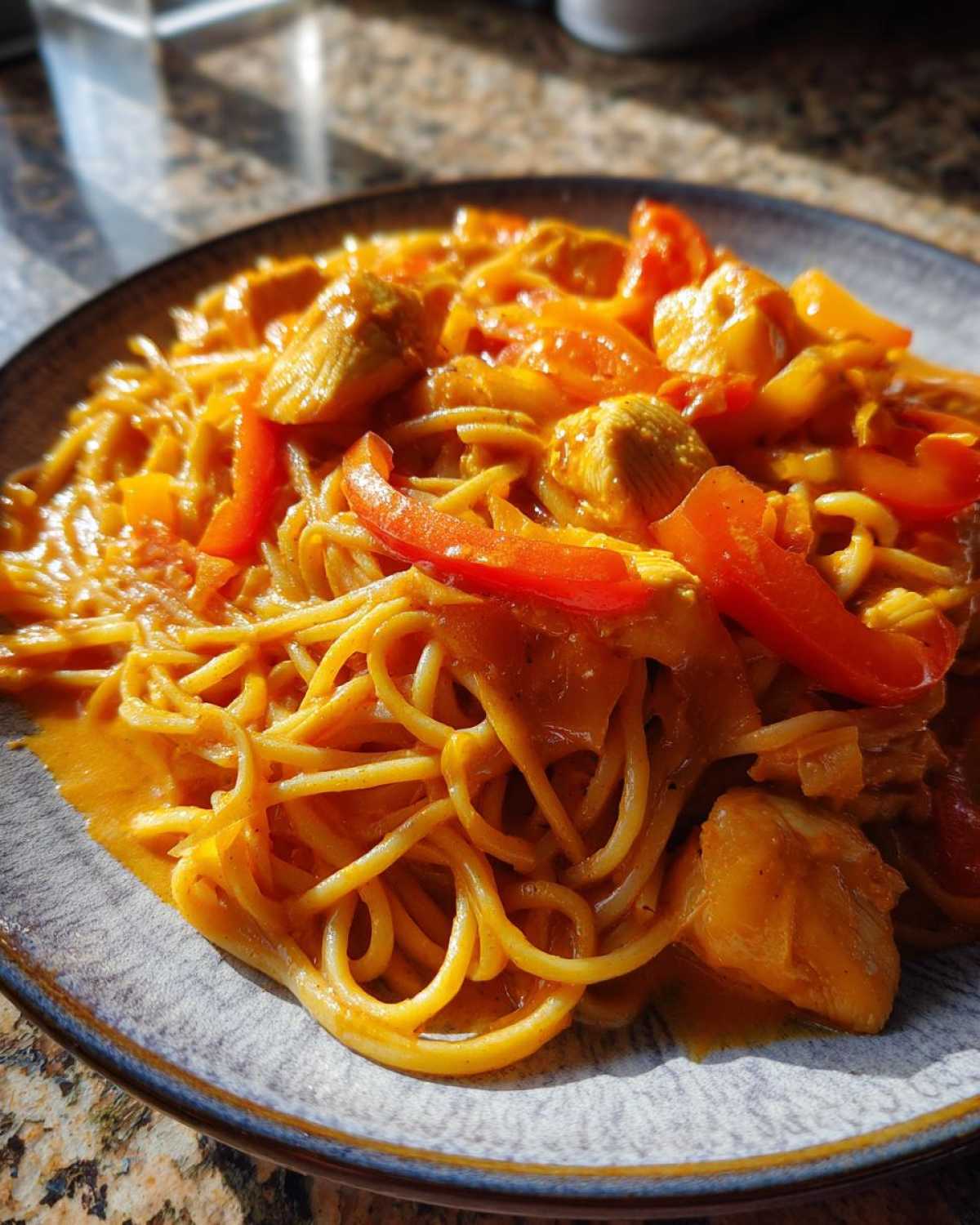 A close-up of a plate filled with One-Pot Creamy Thai Red Curry Noodles, featuring chicken pieces and red bell peppers.
