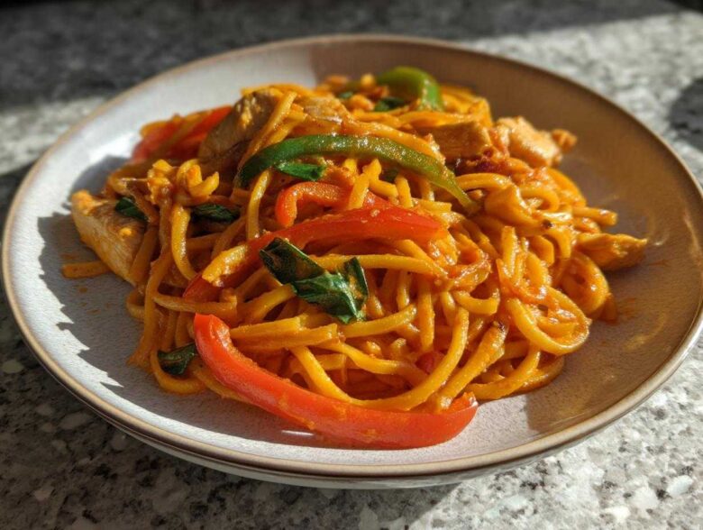 A plate of One-Pot Creamy Thai Red Curry Noodles mixed with chicken, red and green peppers, and fresh basil.