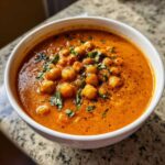 Close-up of a bowl of rich, orange One-Pot Creamy Tomato Basil Chickpea Stew topped with fresh basil.