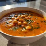 A close-up of a white bowl filled with vibrant orange One-Pot Creamy Tomato Basil Chickpea Stew, garnished with fresh basil.