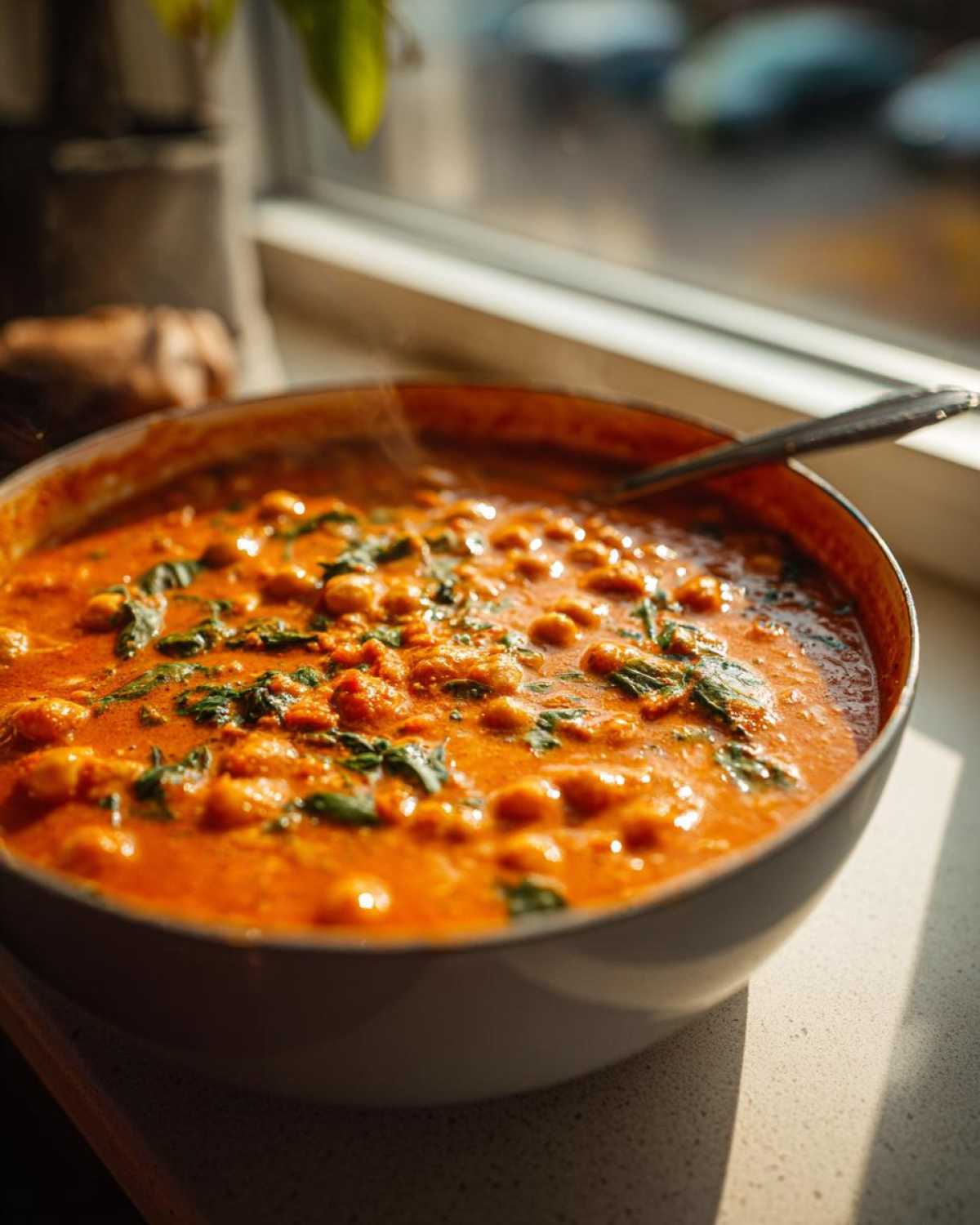 A close-up of a bowl of steaming One-Pot Creamy Tomato Basil Chickpea Stew, rich orange in color with visible chickpeas and green basil.