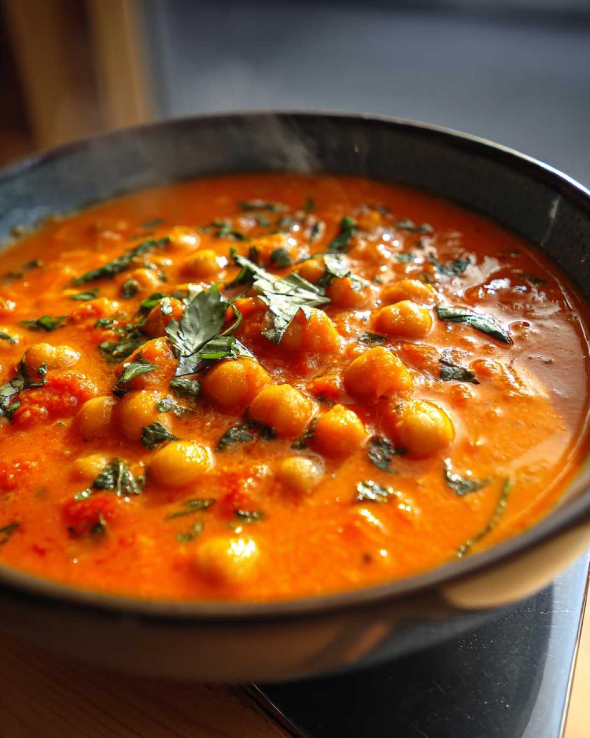 Close-up of a dark bowl filled with steaming One-Pot Creamy Tomato Basil Chickpea Stew, garnished with fresh basil.