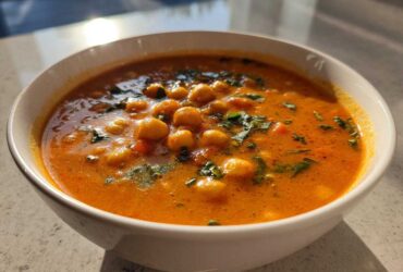A close-up of a white bowl filled with vibrant orange One-Pot Creamy Tomato Basil Chickpea Stew, garnished with fresh basil.