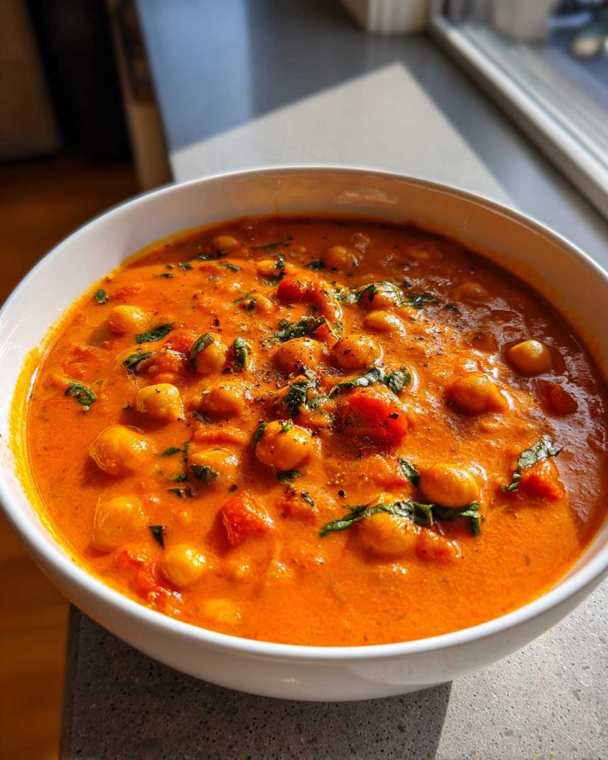 Close-up of a bowl filled with One-Pot Creamy Tomato Basil Chickpea Stew, garnished with fresh basil.