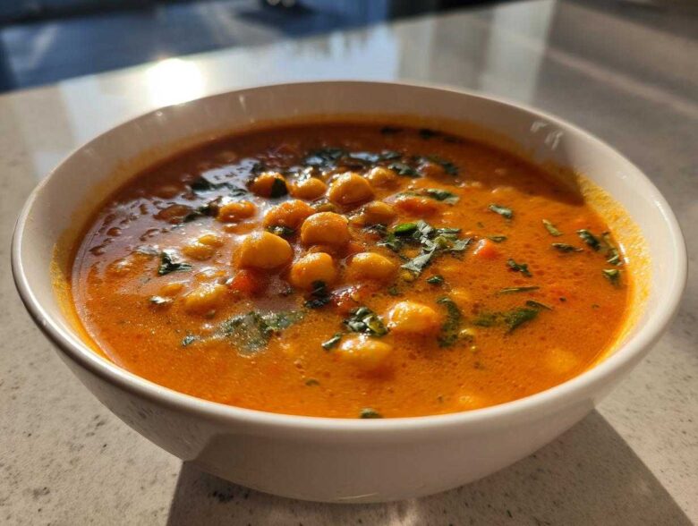 A close-up of a white bowl filled with vibrant orange One-Pot Creamy Tomato Basil Chickpea Stew, garnished with fresh basil.