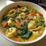 A close-up view of a white bowl filled with One-Pot Creamy Tortellini Minestrone soup, featuring tortellini, spinach, and carrots.