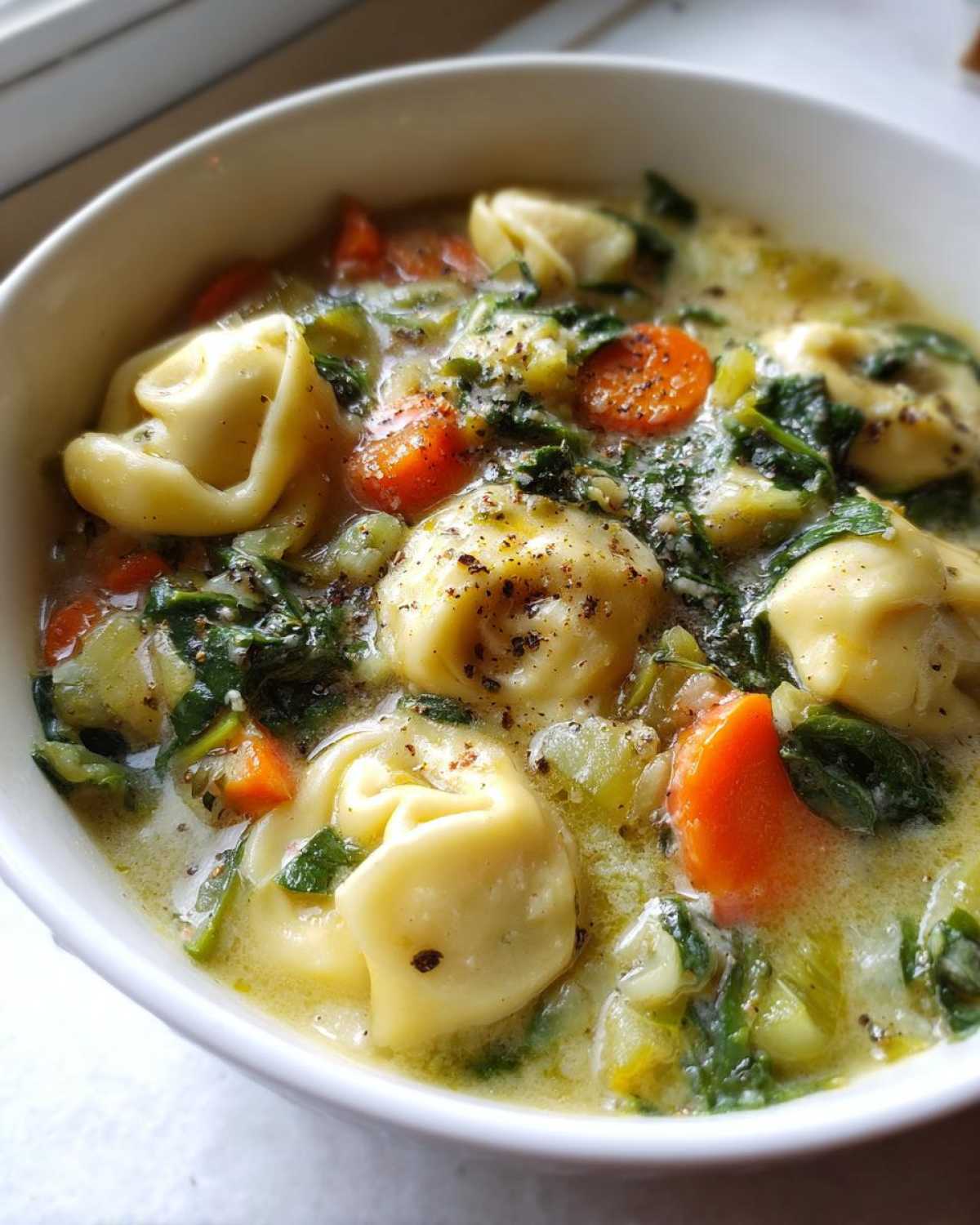 A close-up view of a white bowl filled with One-Pot Creamy Tortellini Minestrone soup, showing tortellini, carrots, and spinach.