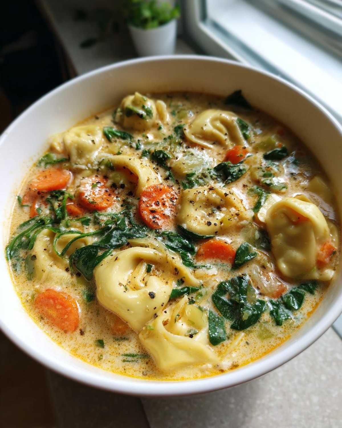 Close-up of a white bowl filled with One-Pot Creamy Tortellini Minestrone soup, featuring tortellini, carrots, and spinach.