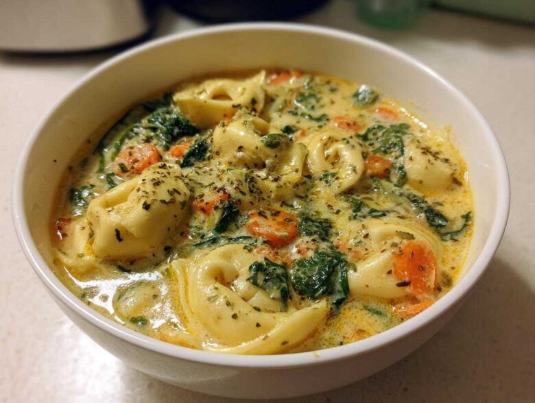 A close-up view of a white bowl filled with One-Pot Creamy Tortellini Minestrone, featuring tortellini, spinach, and carrots in a rich broth.