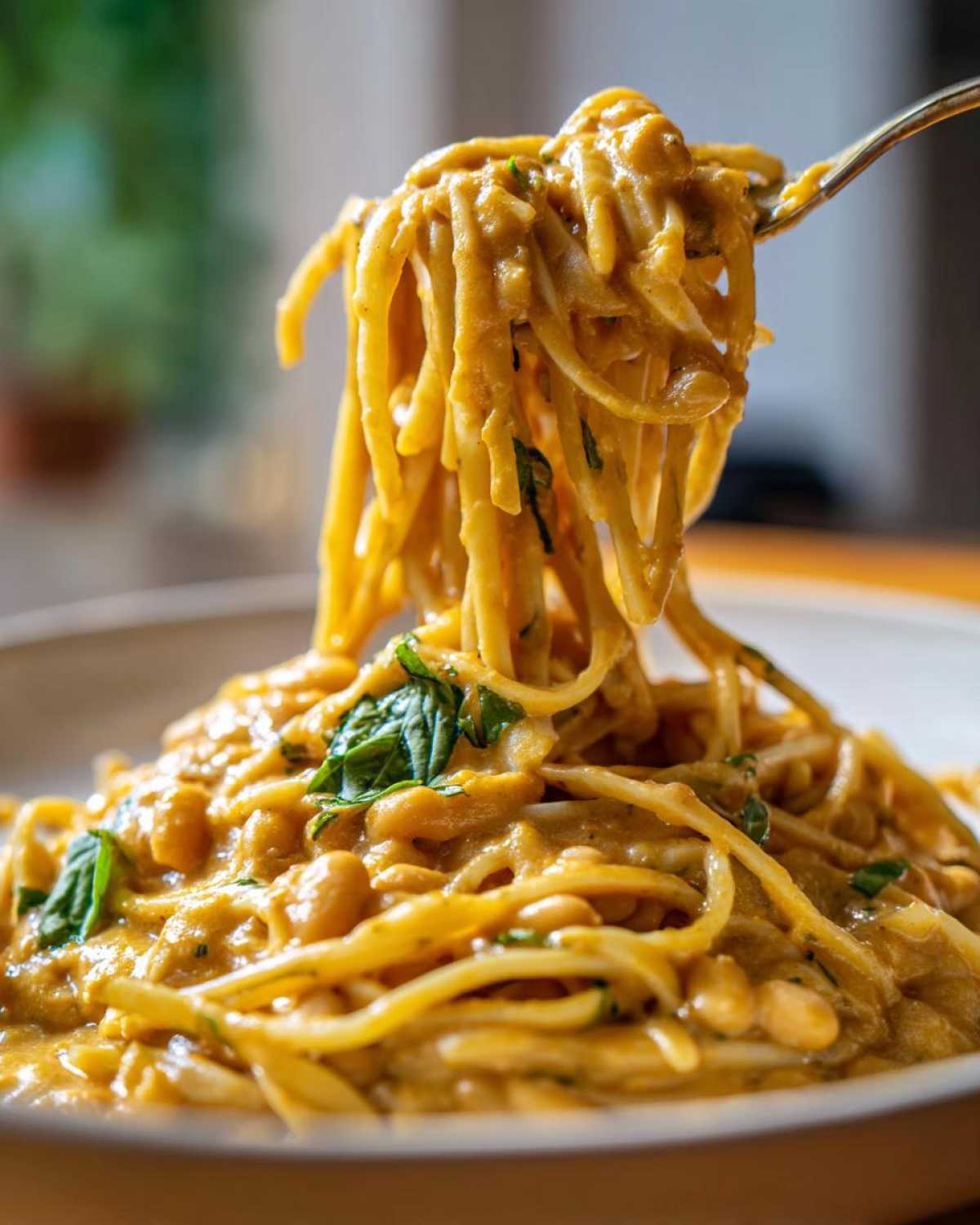 A fork lifting a generous portion of One-Pot Creamy White Bean Lemon Pasta coated in a thick, orange-hued sauce with visible white beans and basil.