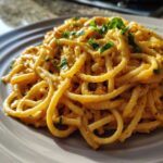 A close-up, appetizing shot of One-Pot Creamy White Bean Lemon Pasta coated in a rich, creamy sauce and topped with fresh parsley.