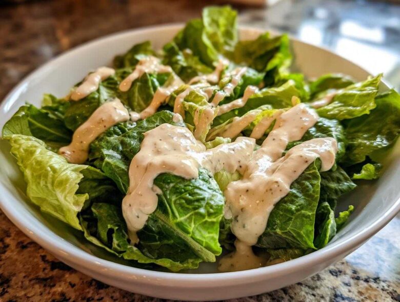 A bowl of crisp green lettuce topped generously with drizzles of Vegan Creamy Lemon Tahini Dressing.