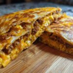 Two halves of a crispy Sheet Pan Breakfast Quesadillas cut open, showing melted cheese, scrambled eggs, and sausage filling.