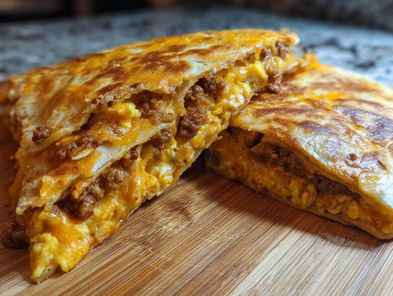 Two halves of a crispy Sheet Pan Breakfast Quesadillas cut open, showing melted cheese, scrambled eggs, and sausage filling.