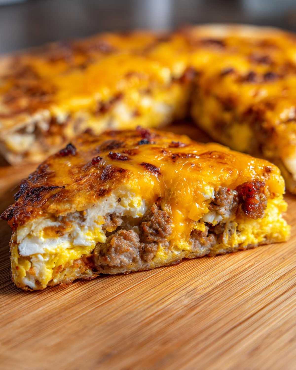 Close-up of a slice of Sheet Pan Breakfast Quesadillas showing layers of egg, sausage, and melted cheddar cheese.