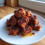 A pile of crispy Sheet Pan Crispy Honey Garlic Tofu Nuggets coated in a thick, shiny honey garlic glaze and sprinkled with sesame seeds.