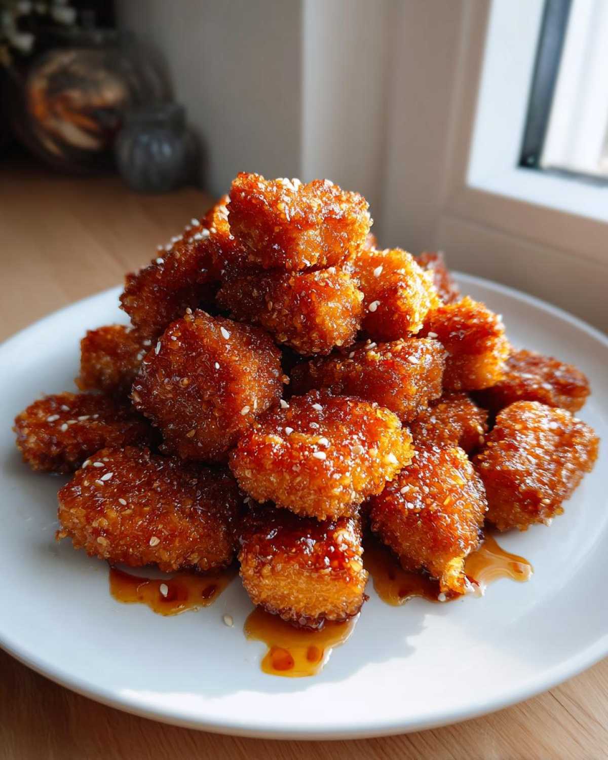 A mound of crispy Sheet Pan Crispy Honey Garlic Tofu Nuggets coated in glossy sauce and sprinkled with sesame seeds.