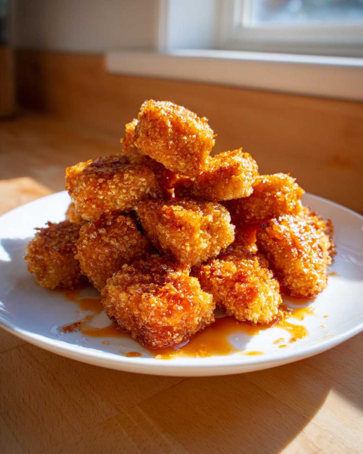 A pile of crispy, golden Sheet Pan Crispy Honey Garlic Tofu Nuggets coated in a sticky glaze on a white plate.