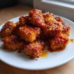 A pile of crispy Sheet Pan Crispy Honey Garlic Tofu Nuggets coated in a sticky, shiny glaze on a white plate.